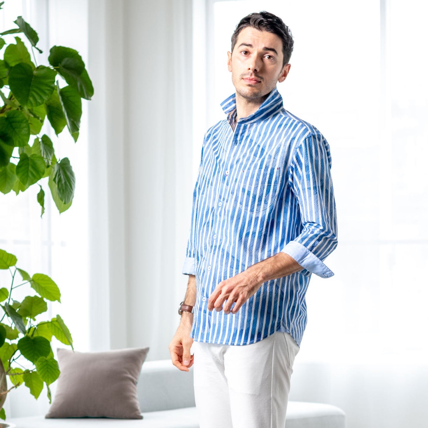 【SALE/20%OFF】SOLOTEX ストライププリント七分袖シャツ
