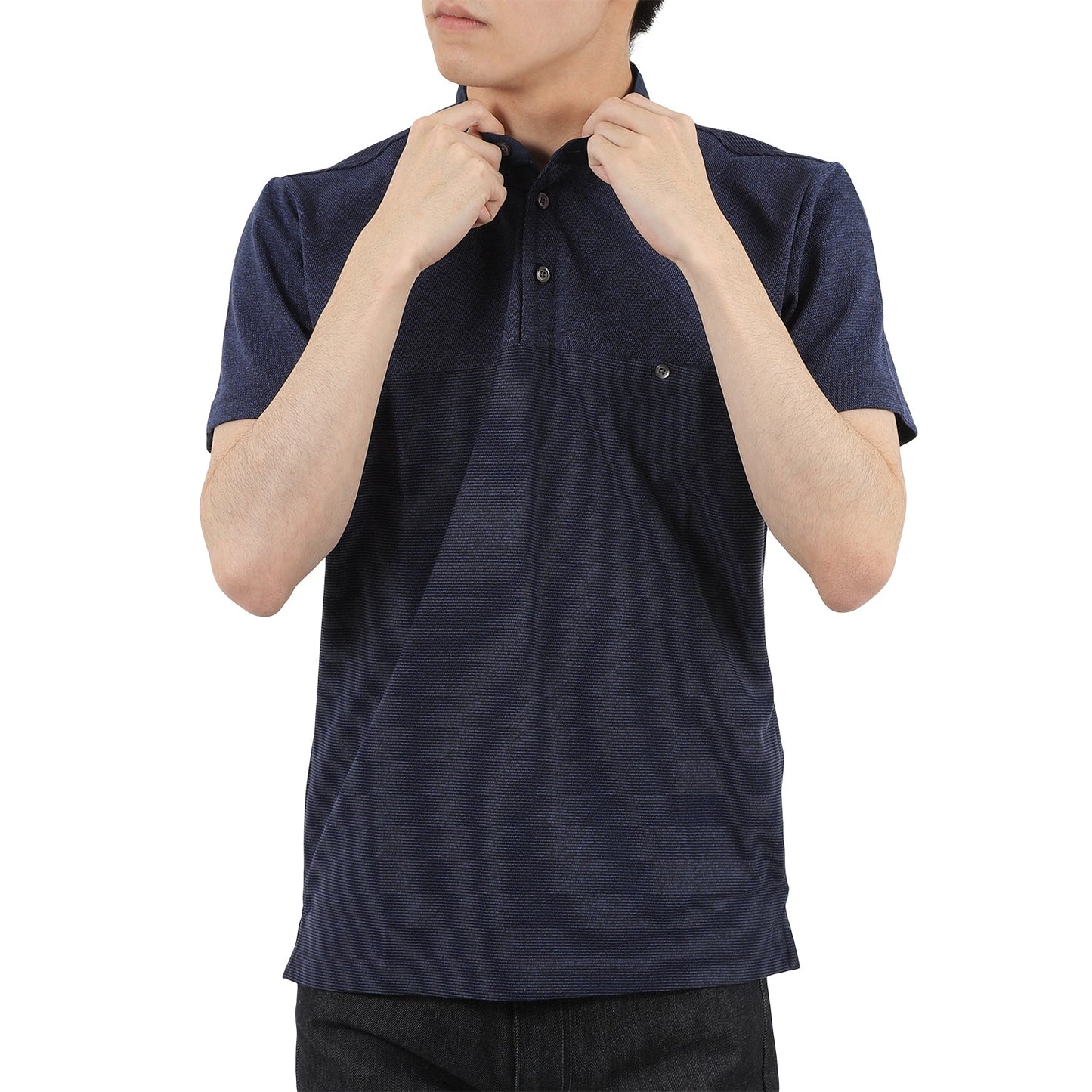 【SALE/30%OFF】変形カノコボーダー スタンドカラー 半袖ポロシャツ