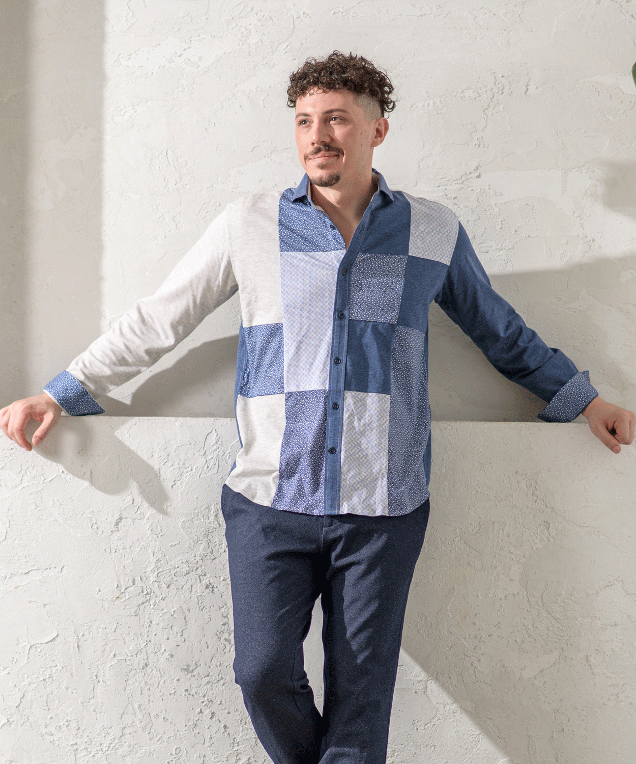 VUMPS RED ジャージプリント 切替アシンメトリー セミワイドカラーシャツ