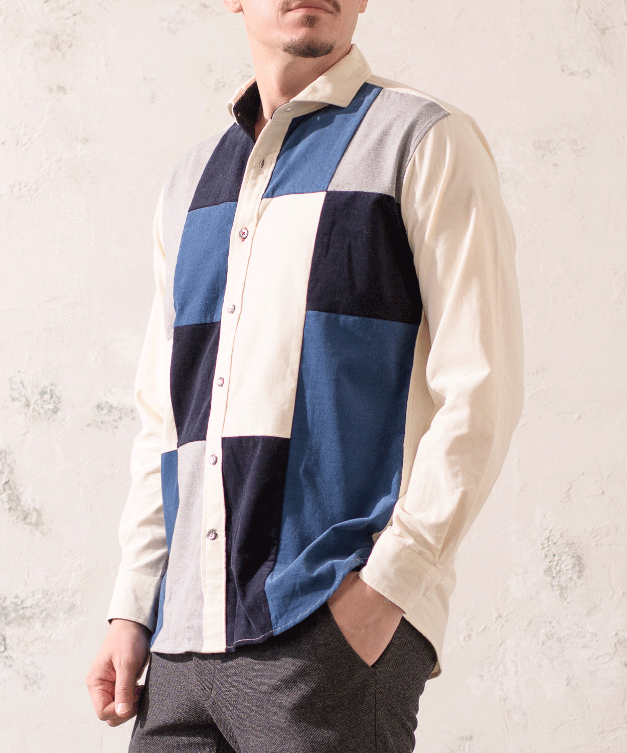 VUMPS RED コーデュロイパッチワーク セミワイドカラーシャツ