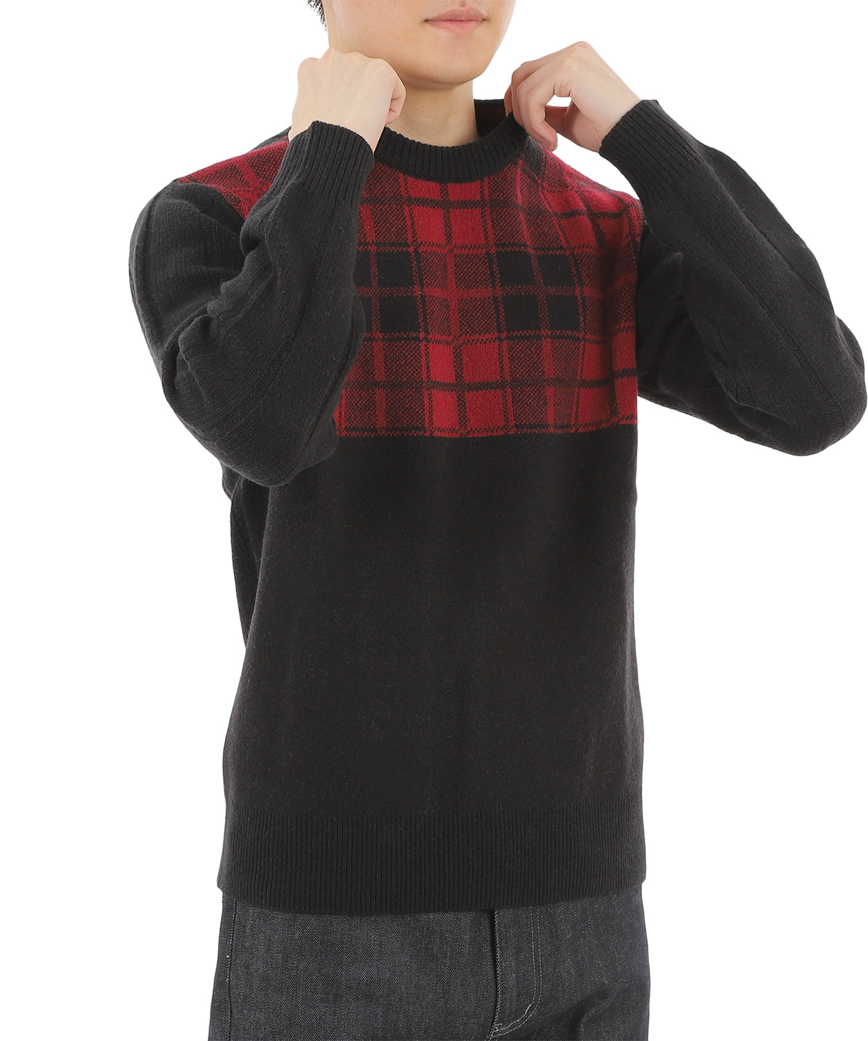 【SALE/50%OFF】ダブルジャカード レッドチェック クルーネックニット
