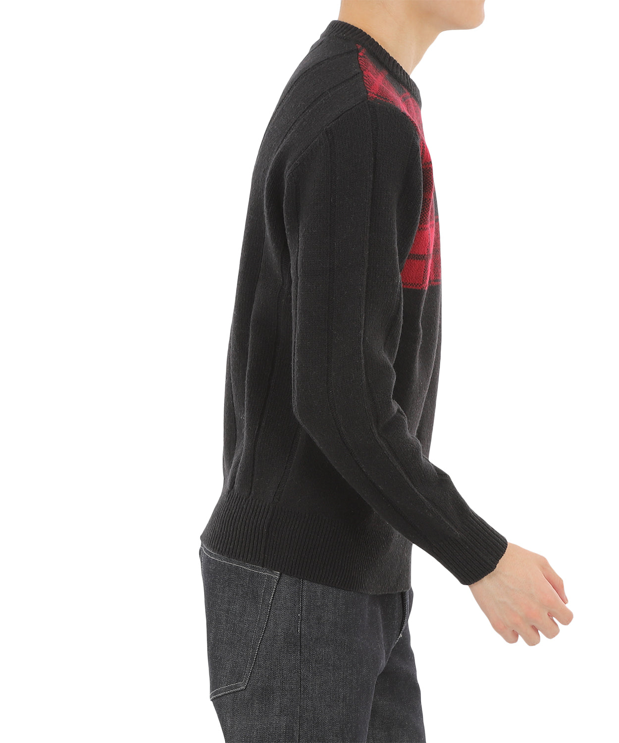 【SALE/50%OFF】ダブルジャカード レッドチェック クルーネックニット