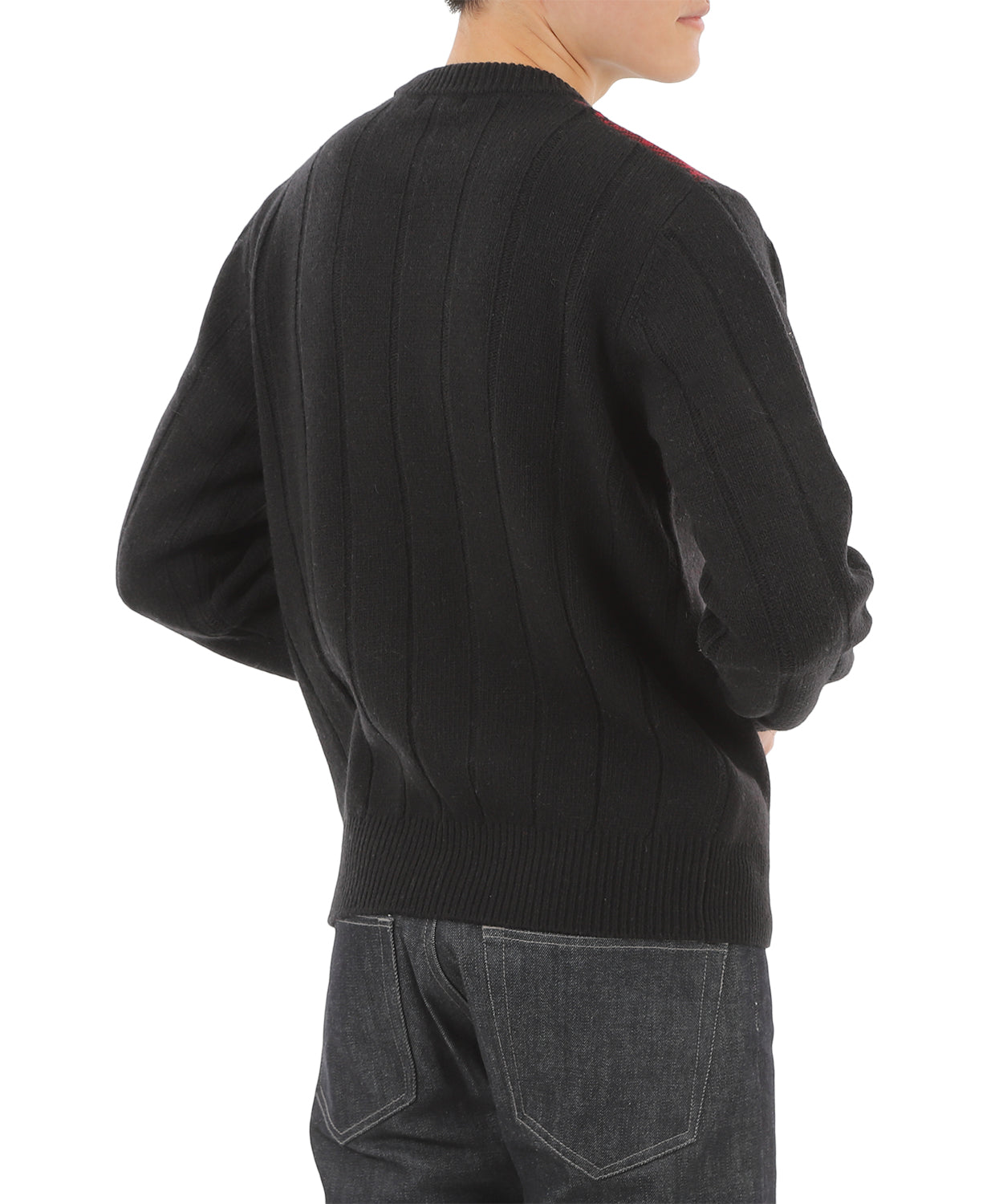 【SALE/50%OFF】ダブルジャカード レッドチェック クルーネックニット