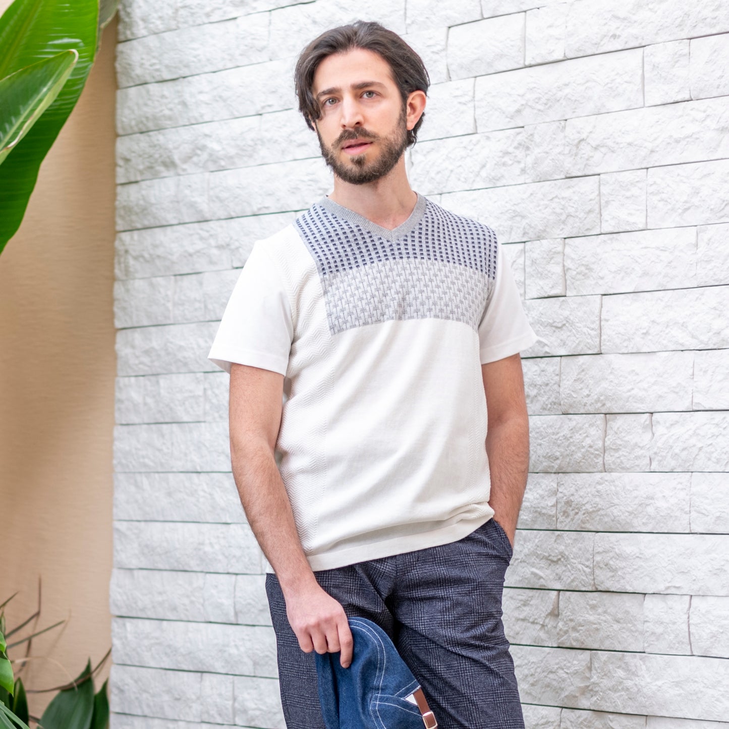 【SALE/50%OFF】VUMPS RED パッチワークニット VネックTシャツ (WHITE / NAVY)