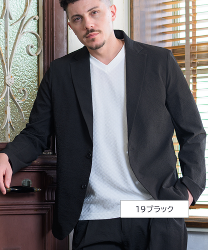 【SALE30％OFF】裏地なし1枚仕立て ストレッチサッカー 無地ジャケット ｜ 軽量で風通しが良いサマーアウター