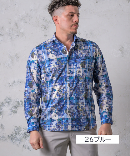 【日本製 綿100%】LIBERTY フラワーチェックプリント セミワイドカラーシャツ