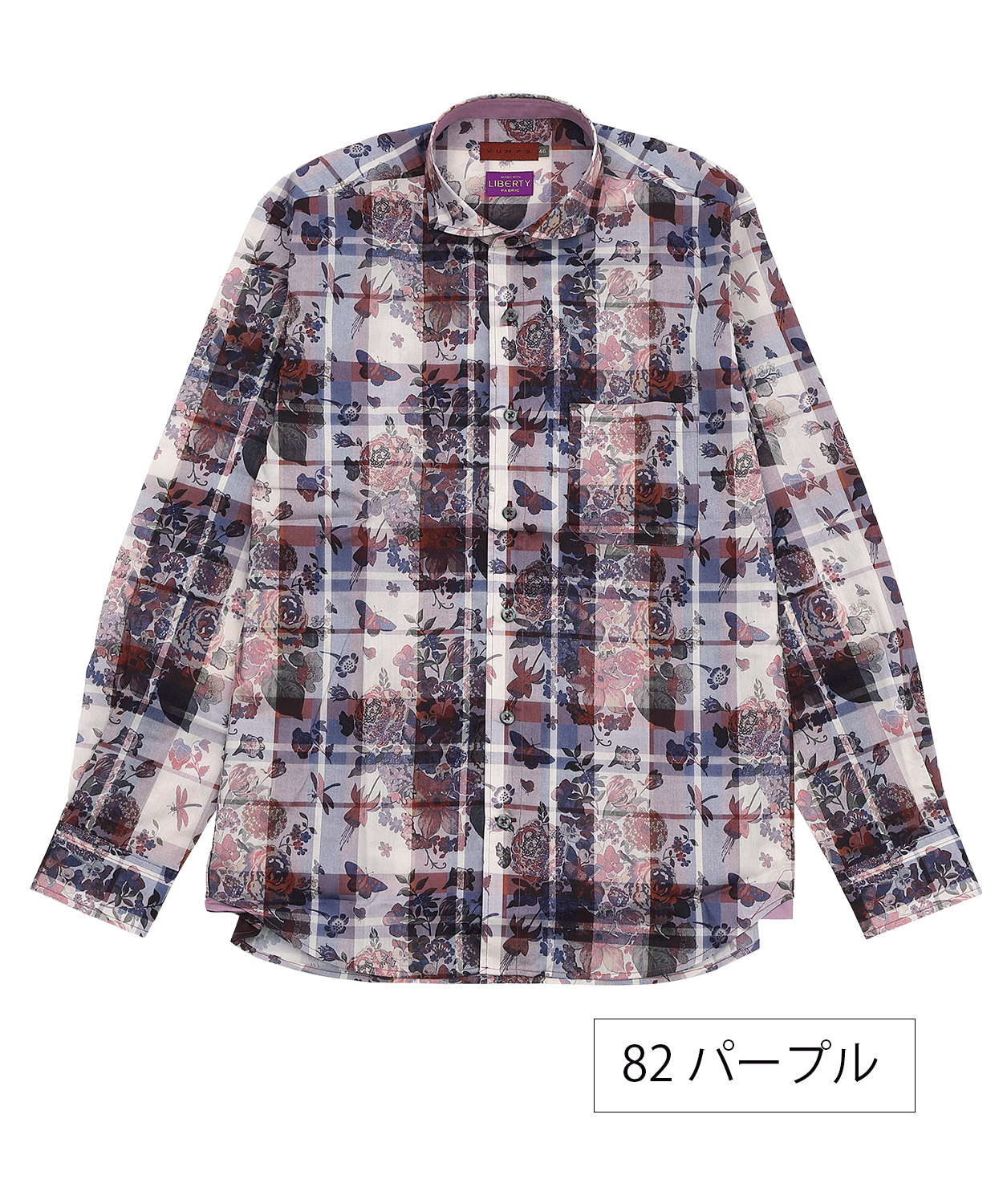 【日本製 綿100%】LIBERTY フラワーチェックプリント セミワイドカラーシャツ