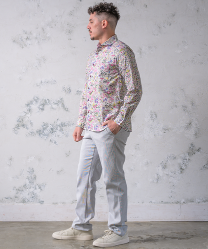 【綿100%】 LIVERTYフラワープリント切替セミワイドカラーシャツ
