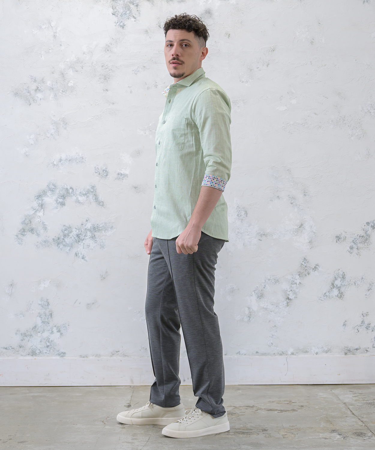 【SALE20％OFF】綿麻シャンブレー 七分袖スイングシャツ メンズ｜ベタつかない 爽やか 涼感