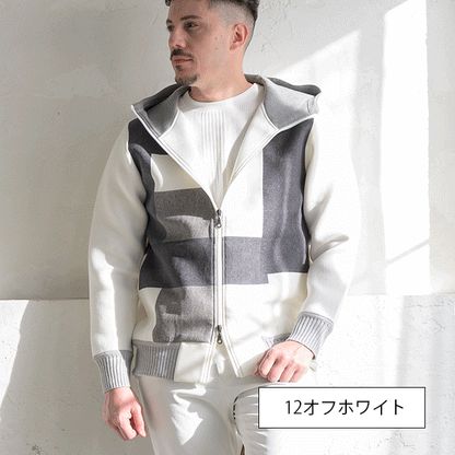 ダンボールニット スクエアプリントパーカー ｜ シワ知らずな質感と、モダンなスタイル