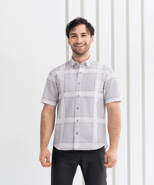 【MORE SALE／50%OFF】サッカー素材 ビッグチェックプリント 半袖BDシャツ