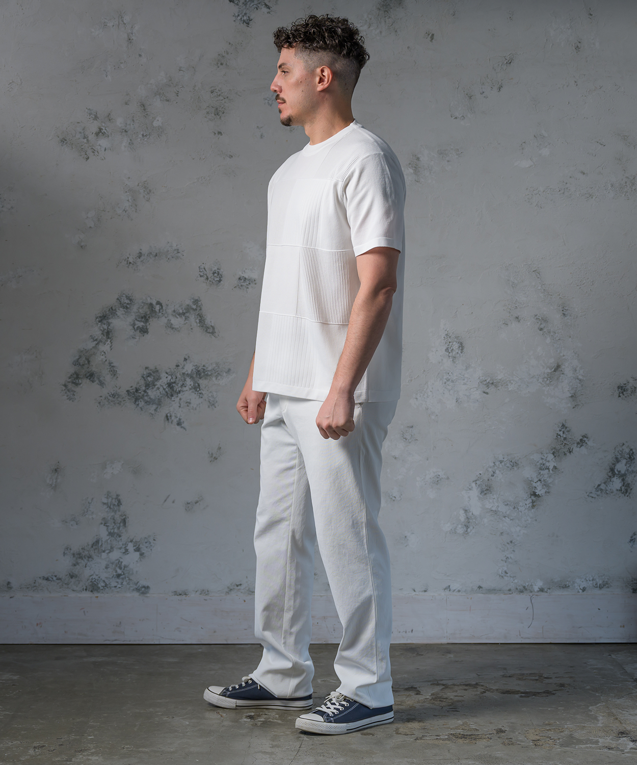 【大人のTシャツ】シワになりにくい。パッチワーク調ハイゲージニットTシャツ