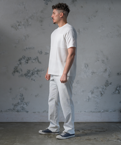 【大人のTシャツ】シワになりにくい。パッチワーク調ハイゲージニットTシャツ