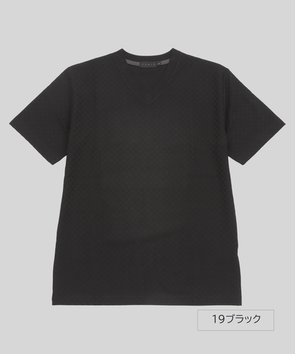 【リンクス格子ジャガード】Vネック Tシャツ ｜ 立体的な地模様で魅せる大人カットソー