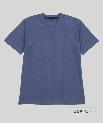 【リンクス格子ジャガード】Vネック Tシャツ ｜ 立体的な地模様で魅せる大人カットソー