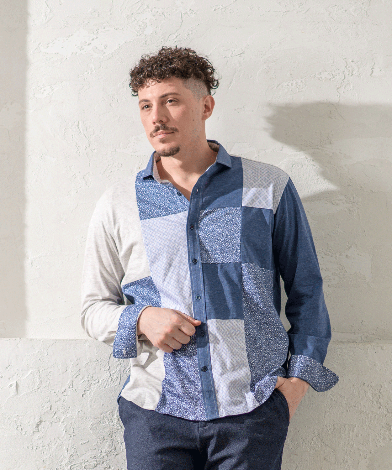 VUMPS RED ジャージプリント 切替アシンメトリー セミワイドカラーシャツ