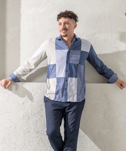 VUMPS RED ジャージプリント 切替アシンメトリー セミワイドカラーシャツ