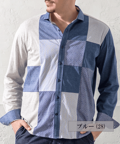 VUMPS RED ジャージプリント 切替アシンメトリー セミワイドカラーシャツ