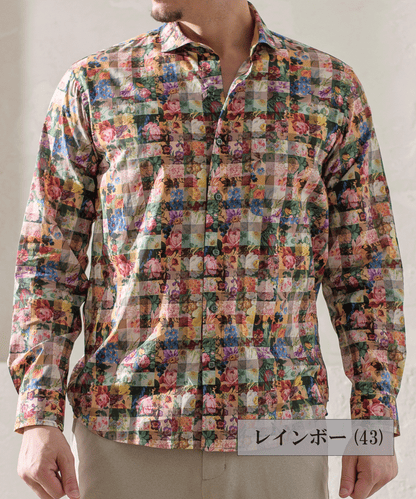 VUMPS RED LIBERTYフラワーチェックプリント セミワイドカラーシャツ