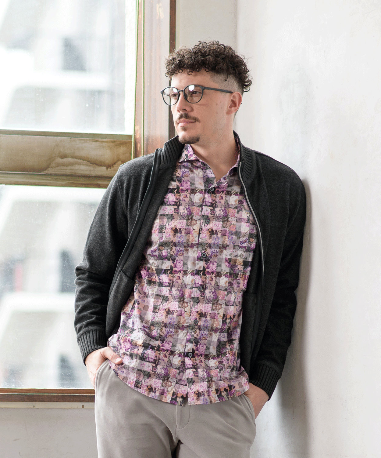 へリンボンジャカード フルジップカーディガン