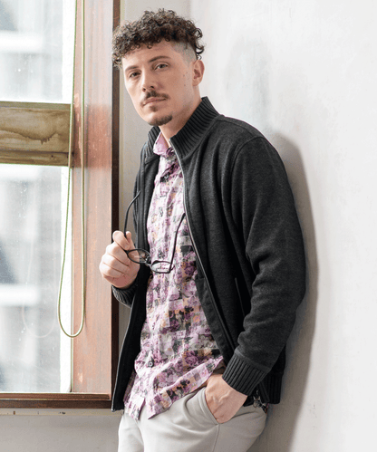 へリンボンジャカード フルジップカーディガン