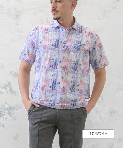 【SALE30％OFF】【日常に華を添える】ニットサッカー フラワープリント ポロ ｜ 驚きの伸縮性と、爽やかな「肌離れの良さ」を楽しむ一着