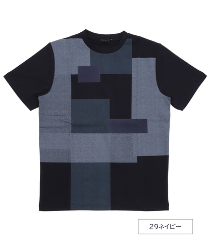 【洗練のジオメトリック】スムース ブロック柄Tシャツ ｜ シルクのような滑らかさと、陰影で魅せる大人の格子デザイン