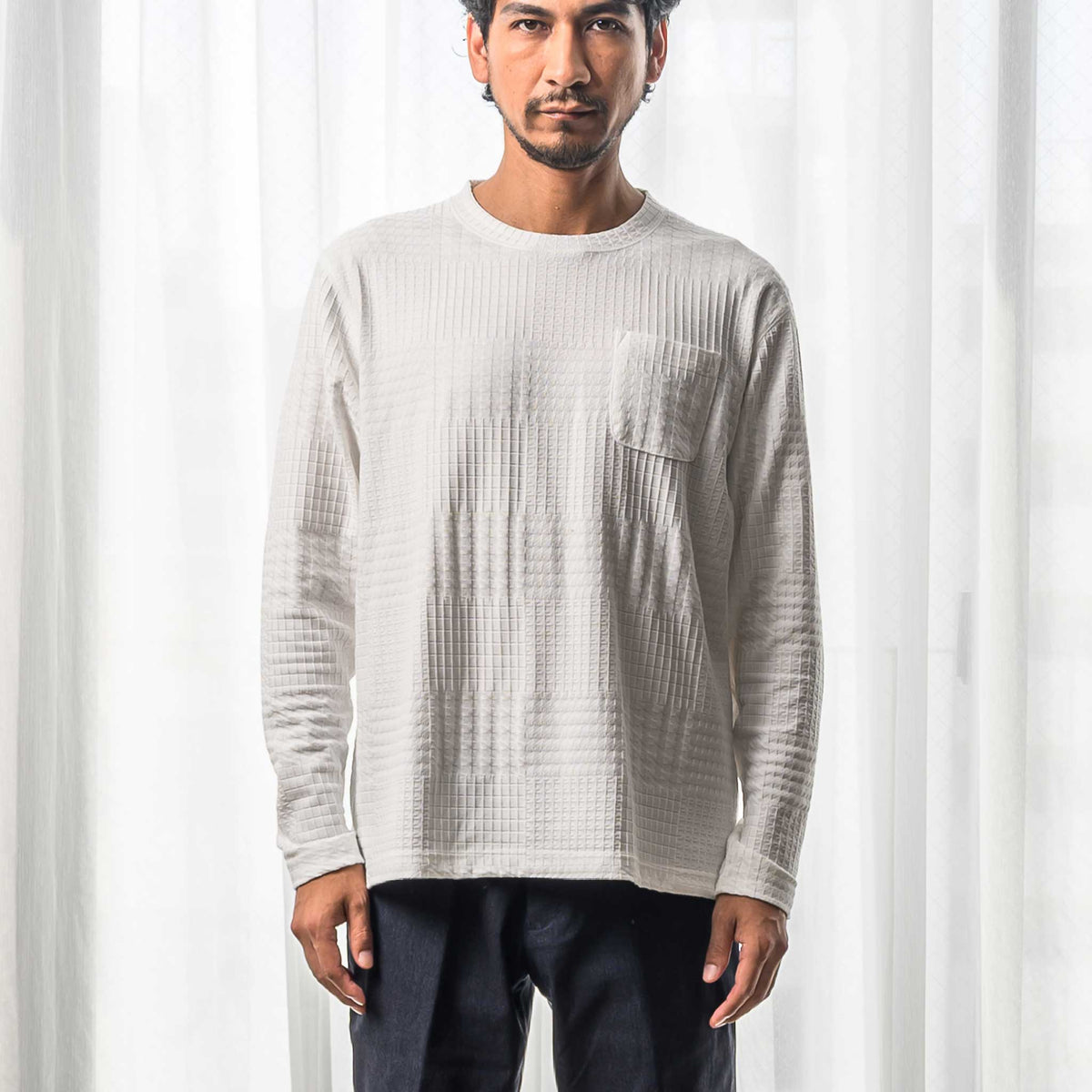 リンクス格子ジャカードTシャツ メンズ 長袖｜綿混
